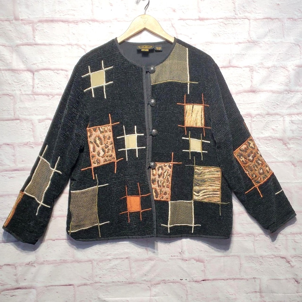 VTG 90s Allure Patchwork‎ Art Cardigan Boho Lagenlook Yarn Jacket Womens Large